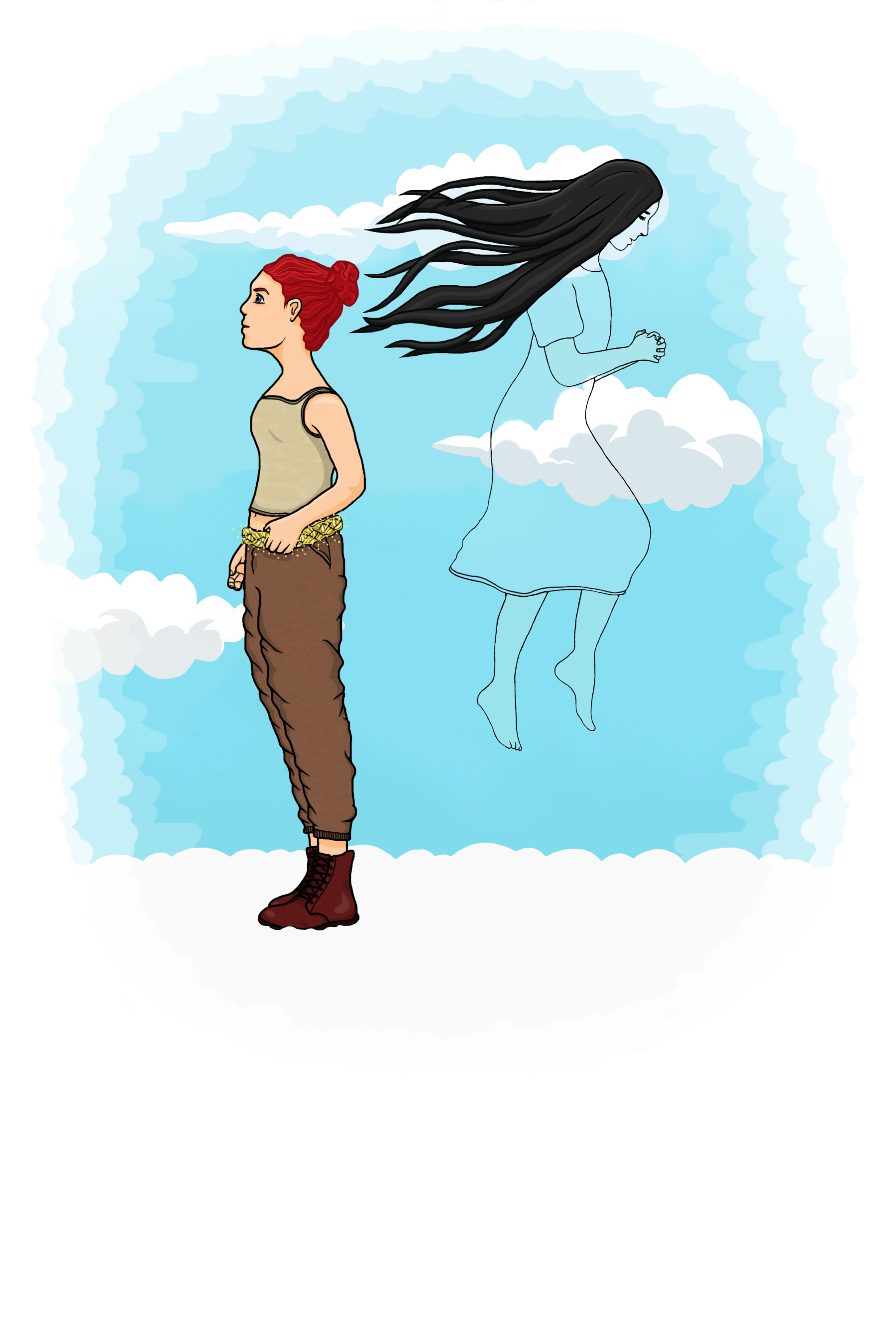 A young girl with red hair on the left, looking into the distance. Behind her, a floating, translucent girl with long, flowing black hair.